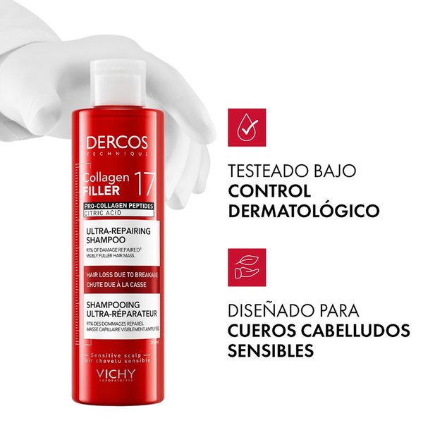 El mejor producto para el pelo dañado y cuero cabelludo sensible dermatológico: pre shampoo Vichy Dercos Collagen Filler 17