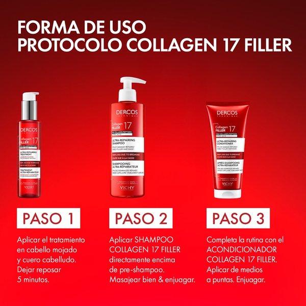 Tratamiento efectivo y recomendable para detener y evitar la caída de cabello provocada por el cepillado con 41% más de colágeno para el cabello y 29% más de volumen en la masa capilar y visiblemente más abundante Vichy Dercos Collagen Filler 17