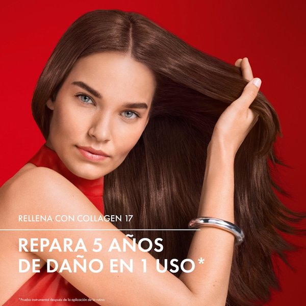 Antes y después en el peinado de cabello tras aplicar la rutina de pre shampoo especial para evitar la caída y daño de cabello con el resto del tratamiento capilar dermatológico Vichy Dercos Collagen Filler 17