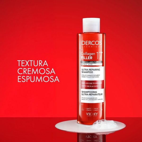 Textura transparente del mejor tratamiento para la caída del cabello en mujeres: pre shampoo Vichy Dercos Collagen Filler 17