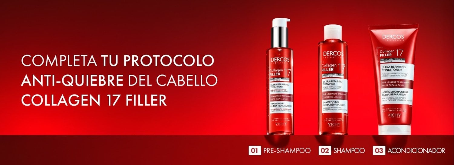 Rutina de cuidado capilar dermatológica con el tratamiento Collagen 17 Filler para evitar la caída del cabello y reparar el daño provocado por el quiebre