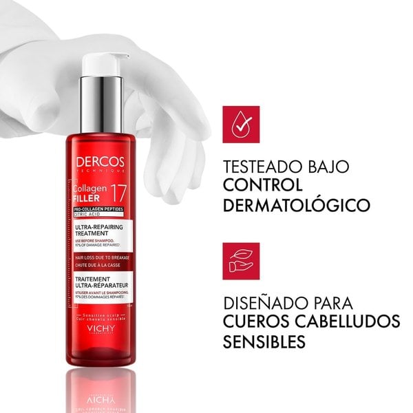 Textura transparente del mejor tratamiento para la caída del cabello en mujeres: pre shampoo Vichy Dercos Collagen Filler 17