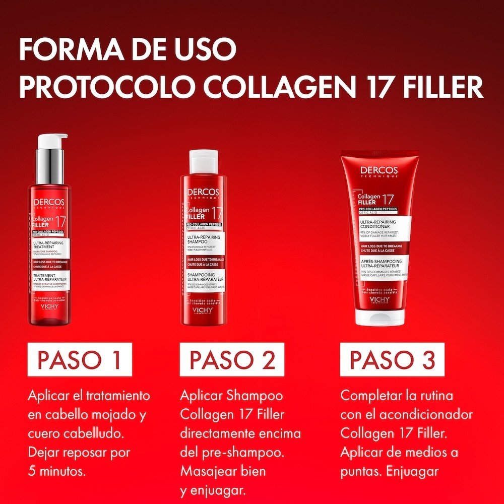 Tratamiento para detener y prevenir la caída del cabello en hombres y mujeres provocada por el cepillado: pre shampoo Vichy Dercos Collagen Filler 17