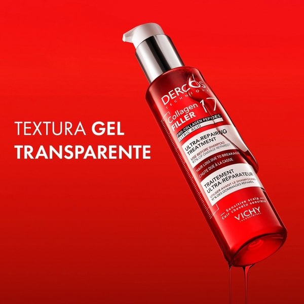 Antes y después en el peinado de cabello tras aplicar la rutina de pre shampoo especial para evitar la caída y daño de cabello con el resto del tratamiento capilar dermatológico Vichy Dercos Collagen Filler 17
