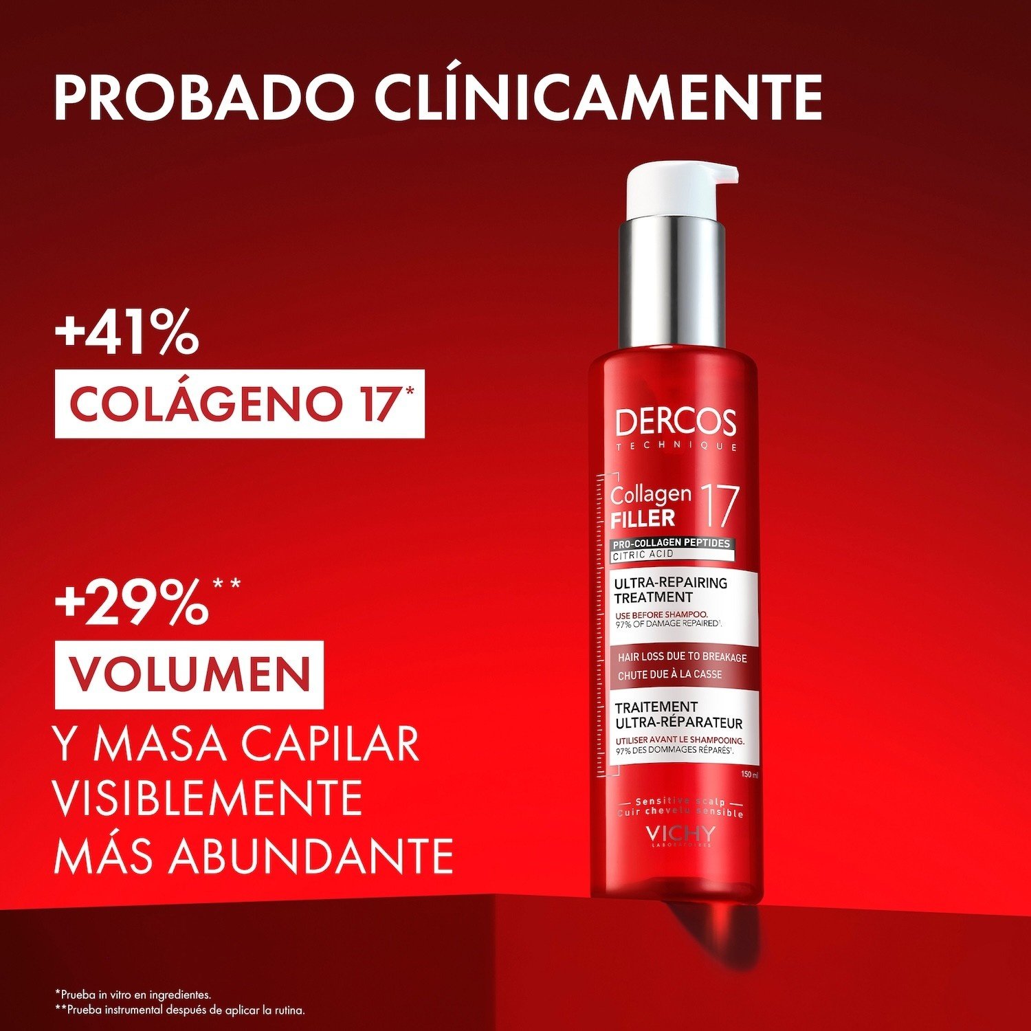 Mejor tratamiento dermatológico para pelo dañado y caída del cabello: Pre shampoo especial y efectivo Vichy Dercos Collagen Filler 17 que repara 5 años de daño en 1 solo uso