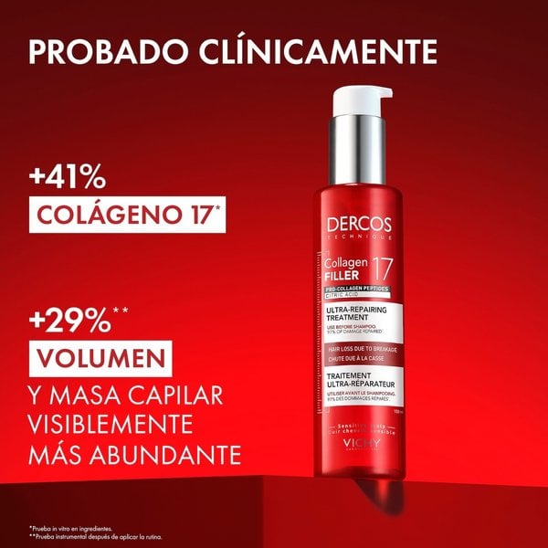 Mejor tratamiento dermatológico para pelo dañado y caída del cabello: Pre shampoo especial y efectivo Vichy Dercos Collagen Filler 17 que repara 5 años de daño en 1 solo uso