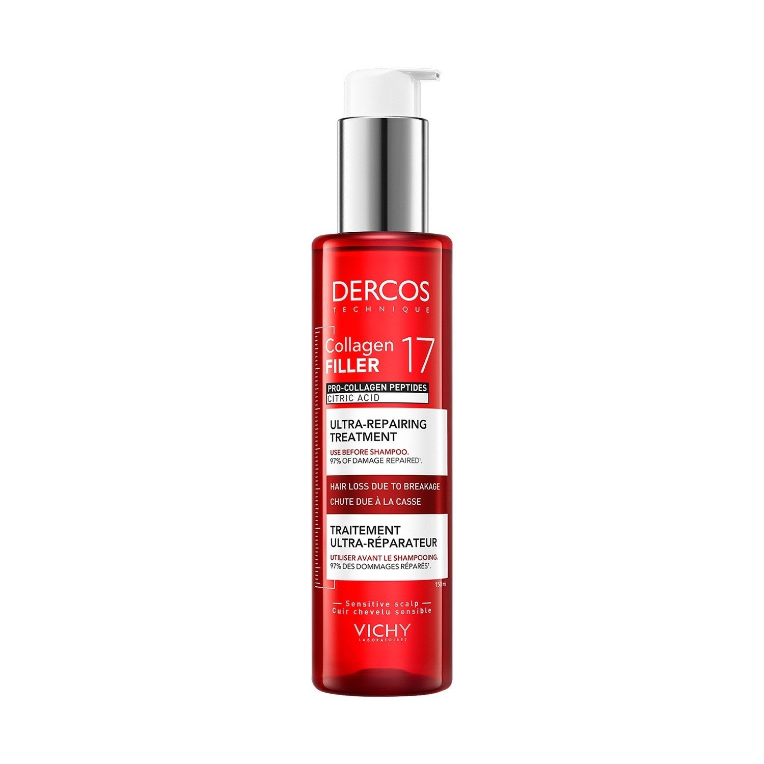 Tratamiento pre shampoo caída de cabello debilitado por el cepillado en mujeres y hombres natural Vichy Dercos Collagen Filler 17