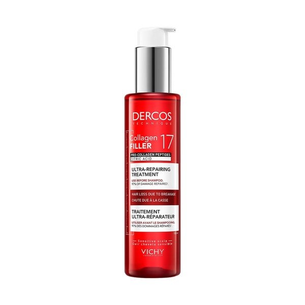 Tratamiento pre shampoo caída de cabello debilitado por el cepillado en mujeres y hombres natural Vichy Dercos Collagen Filler 17